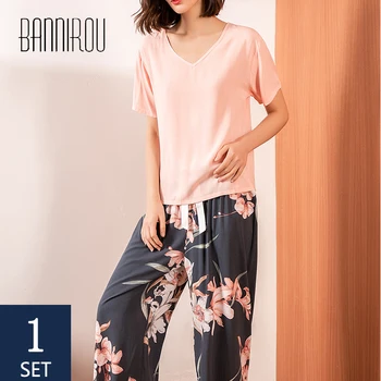 BANNIROU Spring 2 Piece Printed Elegant Pajamas For Women Sets printing Pyjamas Set вискозные cvjetni noćni odijela pidžama 2021 New