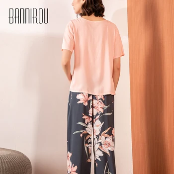 BANNIROU Spring 2 Piece Printed Elegant Pajamas For Women Sets printing Pyjamas Set вискозные cvjetni noćni odijela pidžama 2021 New