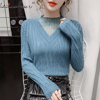 Jesen zima pletene džemper korejski stil sjajna zlatna nit ženska moda Seksi Patchwork tkanine pulover Ropa Mujer vrhovima T09516L