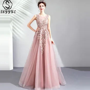 Skyyue Prom Dress O-Izrez Dužine Do Poda Bez Rukava Seksi Haljina Prom Beadwork A-Line Tila Vestidos De Gala E283