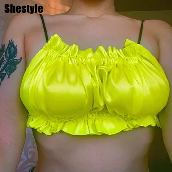 Shestyle Špageti Remen Usjeva Vrhovima Žene 2021 Neonski Atlas Ukrašen Folijom Korzete Zavoj Naslon Vrećice Moda Majice Dama