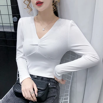 Minimalistički stil Ženska monotono majica s dugim rukavima 2020 godina Autumn Section Oslanjanje Shirt Cross Knot Slim-Fit V-izrez Top