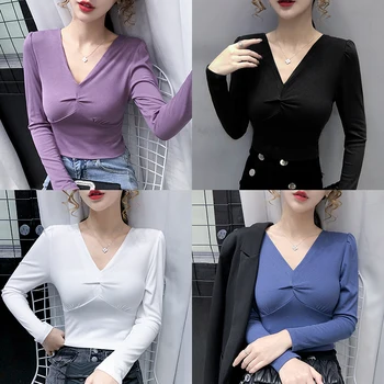Minimalistički stil Ženska monotono majica s dugim rukavima 2020 godina Autumn Section Oslanjanje Shirt Cross Knot Slim-Fit V-izrez Top