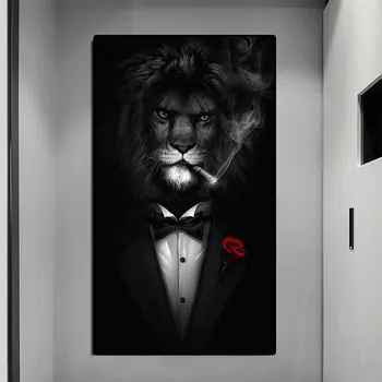 Zabavno ljubimac crno bijeli lav u odijelu platnu umjetničkih plakata i grafika apstraktne životinje platnu slike na zidu umjetničke slike