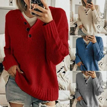 Veliki veličina Free ženski pulover V-neck, moda gumb jednobojnu ženski pletene pulover kvalitetan ženski džemper