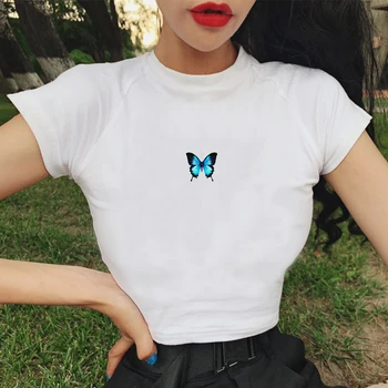 Moda crtani film plavi leptir ispis skraćene top Harajuku O neck укороченная slatka majica ženska t-shirt gotička Ženska t-shirt vanjska odjeća