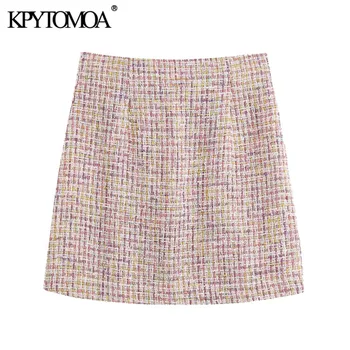 KPYTOMOA Women 2020 Chic Fashion Office Wear Tweed Mini Skirt Vintage High Waist Back Zipper ženske suknje Mujer