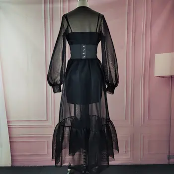 Crna haljina od 2 dijela сетчатое transparentno Lanten rukava na V izrez u obliku za žene špageti remen Bodycon haljine prozirno set od dva komada