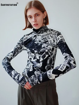 Besplatna dostava visoki ovratnik klasicni geometrijski print pletenje zaštite majica dame jesen i zima nova moda sve utakmice top