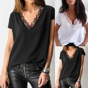Ženska t-shirt Seksi Solid Color Black Lace white patchwork duboki V-izrez u obliku kratkih rukava majice odjeća plus veličina majice