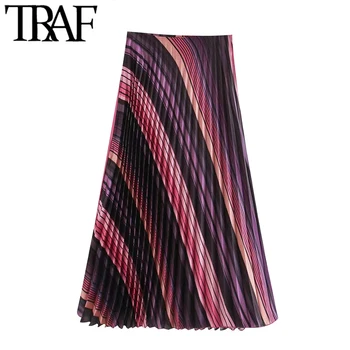 TRAF Women Chic Fashion Color Plavobijelog Плиссированная suknja midi vintage visokim Strukom patentni zatvarač ženske suknje Faldas Mujer