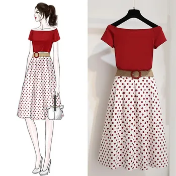 2020 New Summer 2 piece Sets Women Off shoulder Solid T shirt Crop Tops+High Waist polka Dot Print A-line 