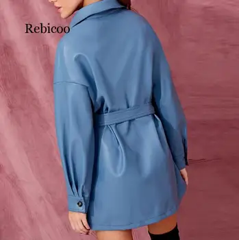 Rebicoo Explosion style jesensko-zimsko donje kožni kaput jakna je bila tanka kravata struk umjetna koža haljinu s dugim rukavima