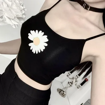 InsGoth Harajuku Daisy Flower Print Crop Vrhovima Ženske Crne Uske Seksi Majice Gotička Ulica Odjeća Ljeto 2020 Svakodnevne Majice