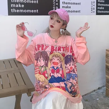 Majice s dugim rukavima majice Harajuku japanski crtani ispis student djevojke besplatne majice ženske čvrsta dna pulover