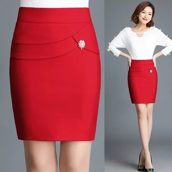 Ljetna moda ured Lady ženski 2XL 3XL crvena crna olovka s visokim strukom protežu suknja , Proljeće zrna bisera suknje za žene