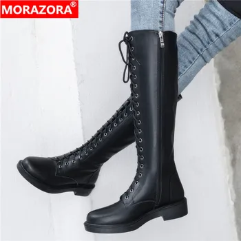 MORAZORA 2020 kvalitetne prirodne kože koljena visoke čizme žene cijele čarapa čipke i moto čizme moda punk ženske cipele