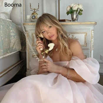 Booma Dreamy Peach Puff Sleeves Prom Dresses Off the Shoulder Organza Short Prom Dresses Babydoll Tea-Length A-Line Party Dresses