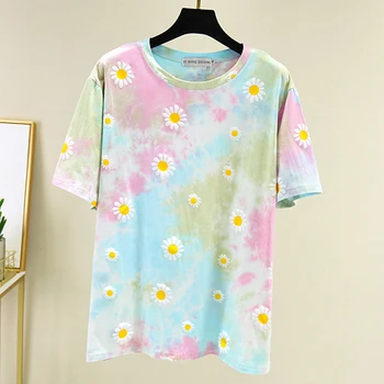WomenT-majice novi oversize Majica bijela plus size mekani pamuk Sun Flower O vrat kratki rukav majica Femme majice košulje Camisetas