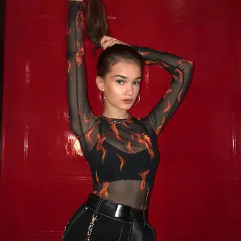 Seksi Žene Svakodnevni gotička hip-hop dugi rukav prozirna mrežica vatra plamen tiskanje majica-O-izrez majice tanak vrhovima