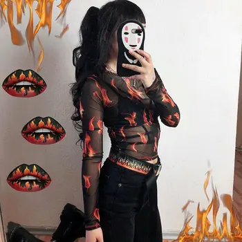 Seksi Žene Svakodnevni gotička hip-hop dugi rukav prozirna mrežica vatra plamen tiskanje majica-O-izrez majice tanak vrhovima
