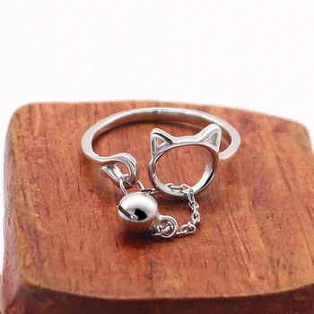 Novi girly srebrni nakit 925 sterling srebra prsten slatka mačka zvono prsten čvrsto srebro otvoreni prsten ženski poklon za Rođendan Joalheria