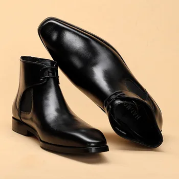 2020 Zimski Dizajn Luksuzne Autentične Daje Koža Muške Čizme Najviši Vrh Čipke Haljina Cipele Crna Formalni Osoba Cipele Osnovne Botas
