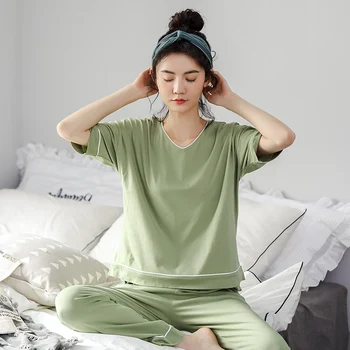 BZEL Green V-neck, pidžama čvrste pidžame za žene kvalitetan pamuk osnovna odjeća, moda Loungewear kratkih rukava, duge hlače 2 kom.