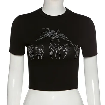 ArtSu Punk Vintage vještački dijamant Spider grafički crne majice Mall Goth Y2K O-izrez kratkih rukava usjeva vrhovima E-Girl tees TS52649