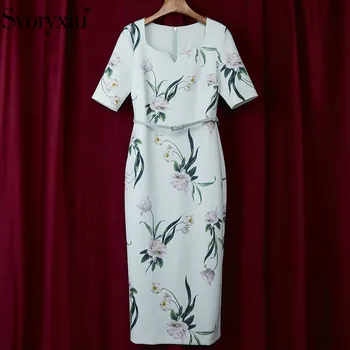 Svoryxiu design moda proljeće ljeto Bodycon Midi Dress ženska polovica rukava cvjetni print elegantan bijeli ured Lady haljine