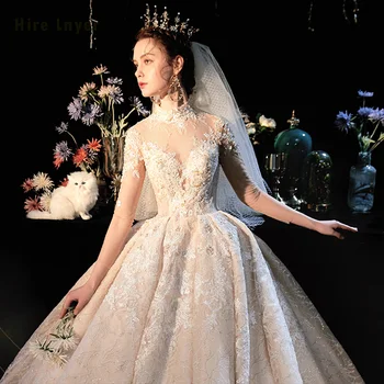 Robe De Mariee Princesse De Luxe 2020 Visoki Vrat Pun Rukav Izvlačenja Biseri Čipka Aplicirano Luksuzni Dvorana Haljine Vjenčanice