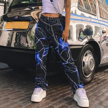 Hip-hop ženske široke hlače s visokim strukom 2020 munja tiskani slobodne ravne hlače ženska moda vanjska odjeća