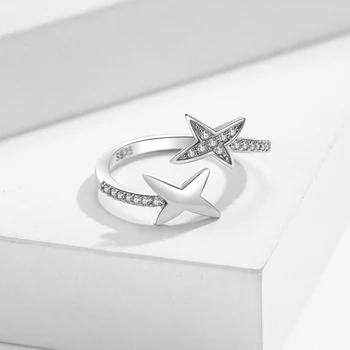 LYSFS AAA Cirkon srebro 925 nakit dvostruki start srebrni prsten za žene vanjski veličina podesiva