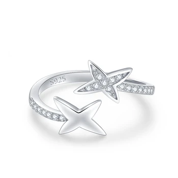 LYSFS AAA Cirkon srebro 925 nakit dvostruki start srebrni prsten za žene vanjski veličina podesiva