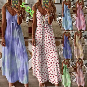 Jurkjes Zomer Women Robe Seksi Maxi Dress Summer vrećice V-izrez trake tiskanih duga haljina Big Swing Tie Dye Plus Size Dress @45