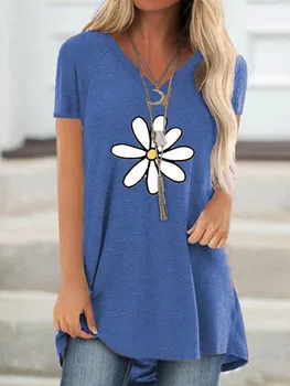 Ženska t-shirt kratki rukav Daisy Print 2020 New free Casual i udobne pulover s V-neck majice Ženske ulične cvjetni majice