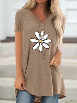 Ženska t-shirt kratki rukav Daisy Print 2020 New free Casual i udobne pulover s V-neck majice Ženske ulične cvjetni majice