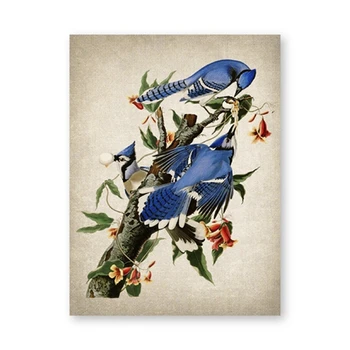 Vintage Plave Ptice Branch Čišćenje Perja Hranjenja Plakat Platnu Slikarstvo Umjetničke Grafike Fotografije Za Dnevni Boravak Uređenje Doma