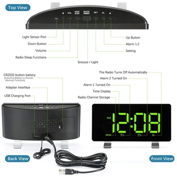 Alarmi za spavaće sobe sa FM radio, dual alarm, 6,7-inčni LED Sn, USB priključak za punjenje, 4 svjetline, 12/24 sata