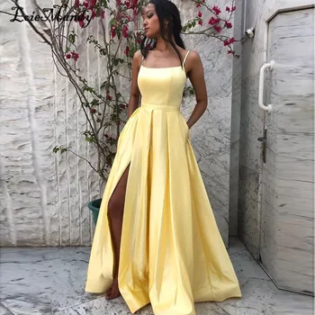 Svjetlo-žute gradacija haljine duge 2021 džep High Split Evening Party Dress Formalno A-line vestidos de gala cortos