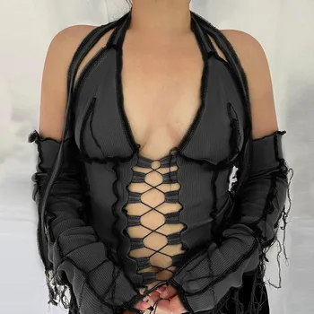 2020 Patchwork povez izrezati Seksi crop top Jesen Zima ženska moda ulica stimuliranje ular Y2K majice klub tees