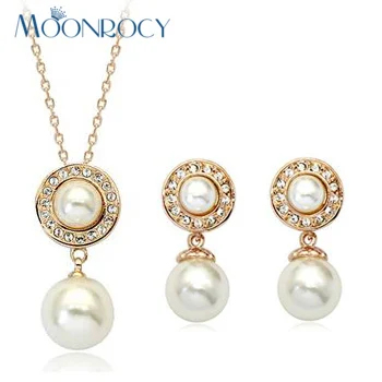 MOONROCY rose gold boja Besplatna dostava moda Crystal ogrlicu i naušnice set imitacija bisera komplet nakita za žene poklon