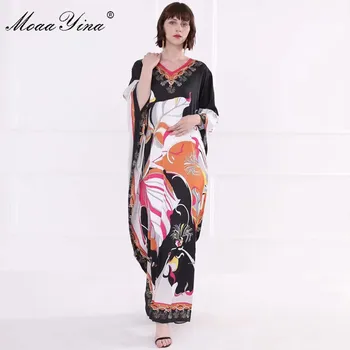 MoaaYina Fashion Designer Runway dress proljeće ljeto ženske haljine V-izrez Batwing Sleeve Print slobodan haljine maxi