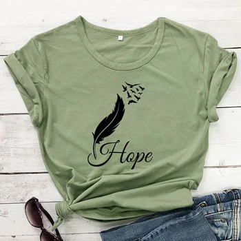 Feather Hope Cotton T-shirt Vintage Women Short Sleeve Inspired Christian Tshirt Aesthetic Boho Wild And Free Graphic Tops