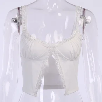 ArtSu Seksi White Lace Crop Top Strap Camisole 2020 Summer Women Sleeveless V izrez Split Cami Tops Streetwear ASVE21118