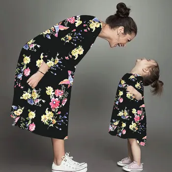 2020 Jesen Dugi Rukav Mama I Kćer Duga Haljina Obiteljski Pogled Prigodna Odjeća Odjeća Cvjetni Tiskane Haljine, Majke I Kćeri