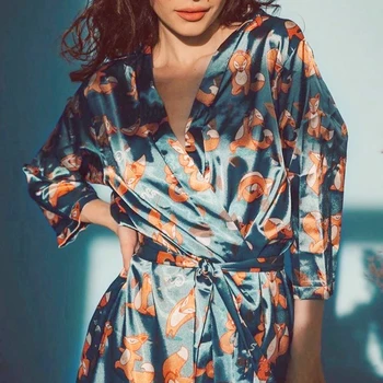 Slatka pidžama haljine атласное kimono ogrtač mladenka je za žene seksi spavaćica V-izrez Dormir majice s pojasom Lisica ispis pidžama