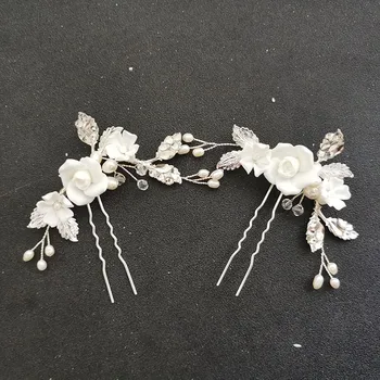 SLBRIDAL Unikatni Alloy Leaf Ceram Flower slatkovodni biseri vjenčanje bobby pin za kosu vjenčanje naljepnica za kosu ženski nakit, pribor za kosu