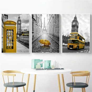 Gohipang skandinavski plakata i grafika Žuta phonebooth autobus crno bijeli zid umjetnost london parovi zidne slike za dnevni boravak