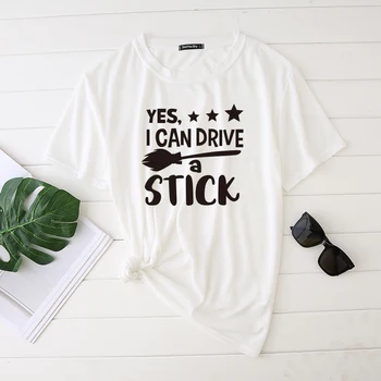 Seeyoushy Yes I Can Drive a Stick Printing Halloween Women ' S T-shirt Broom Witch Funny S-5Xl Plus Size Brand Odjeca Tee Shirt